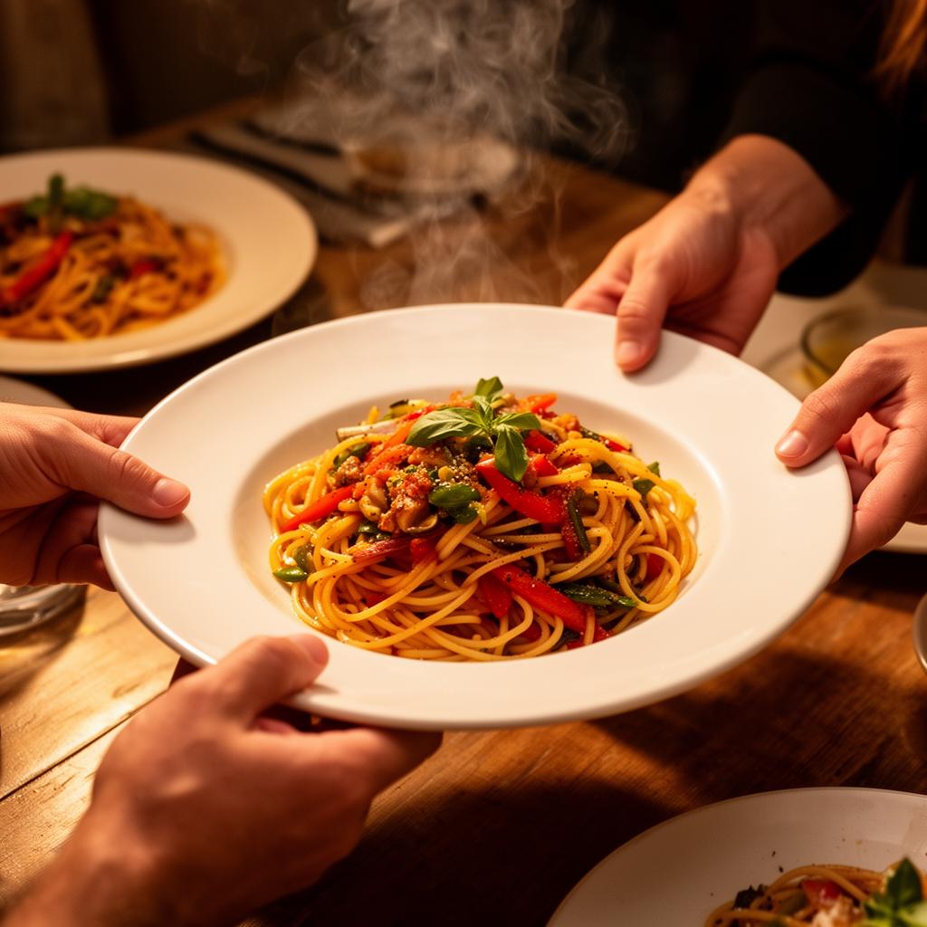 Hands passing a plate of pasta at a dinner table